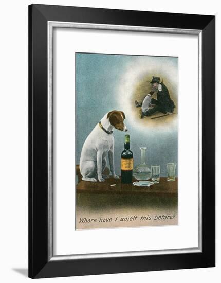 Dog Reminiscing with Whisky Bottle-null-Framed Art Print