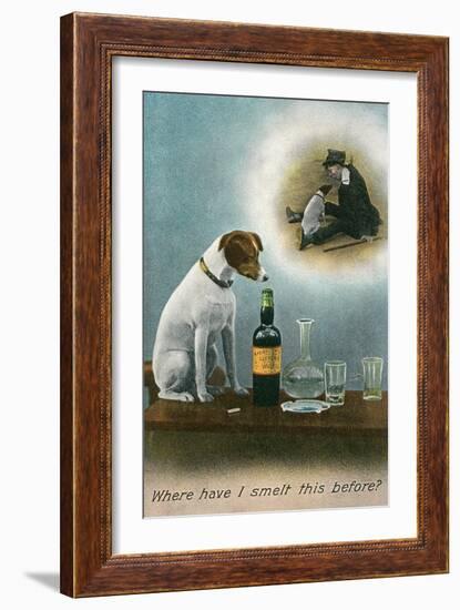 Dog Reminiscing with Whisky Bottle-null-Framed Art Print