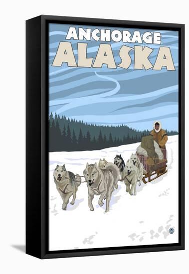 Dog Sledding Scene, Anchorage, Alaska-Lantern Press-Framed Stretched Canvas