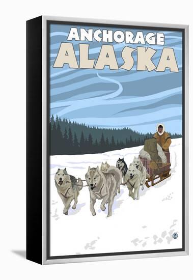 Dog Sledding Scene, Anchorage, Alaska-Lantern Press-Framed Stretched Canvas