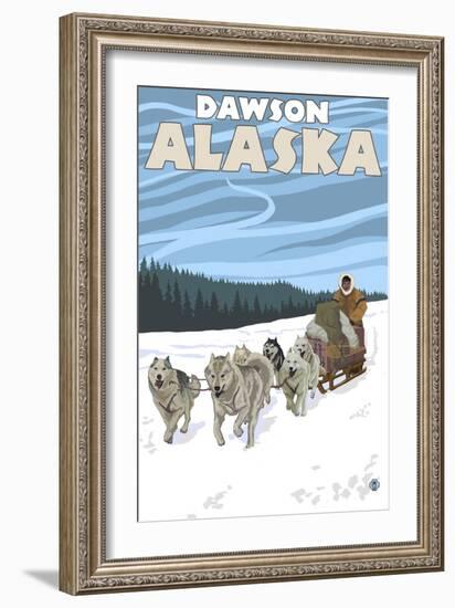 Dog Sledding Scene, Dawson, Alaska-Lantern Press-Framed Art Print