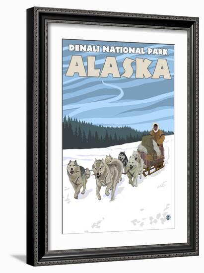 Dog Sledding Scene, Denali National Park, Alaska-Lantern Press-Framed Art Print