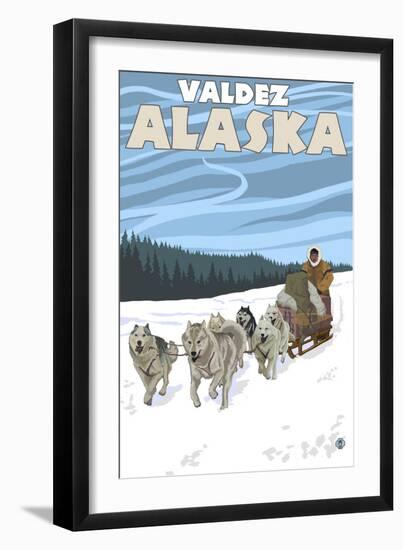 Dog Sledding Scene, Valdez, Alaska-Lantern Press-Framed Art Print