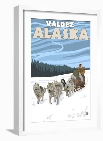 Dog Sledding Scene, Valdez, Alaska-Lantern Press-Framed Art Print