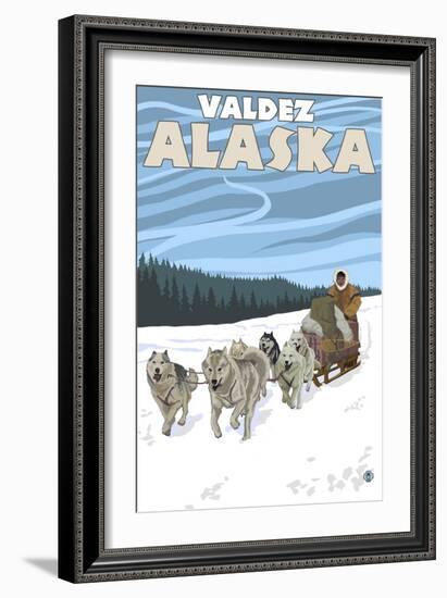 Dog Sledding Scene, Valdez, Alaska-Lantern Press-Framed Art Print