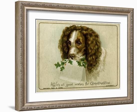 Dog with Card and Holly-null-Framed Art Print