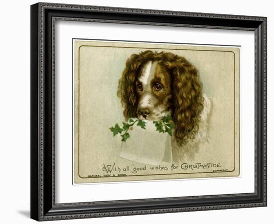 Dog with Card and Holly-null-Framed Art Print