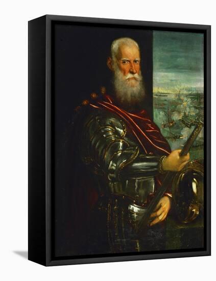Doge Sebastiano Venier, with the Sea-Battle of Lepanto Against the Turks in the Background-Jacopo Robusti Tintoretto-Framed Premier Image Canvas