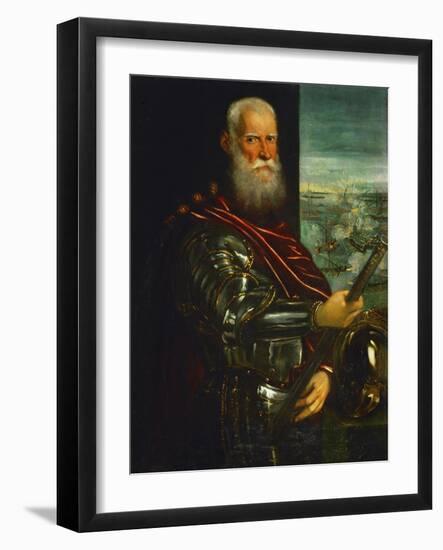 Doge Sebastiano Venier, with the Sea-Battle of Lepanto Against the Turks in the Background-Jacopo Robusti Tintoretto-Framed Giclee Print