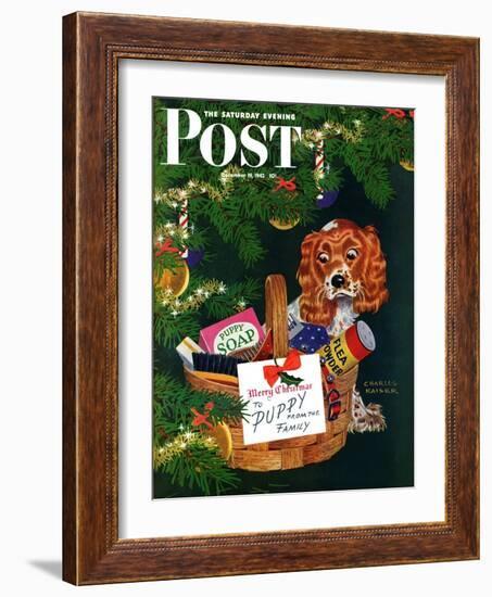 "Doggy Basket," Saturday Evening Post Cover, December 19, 1942-Charles Kaiser-Framed Giclee Print