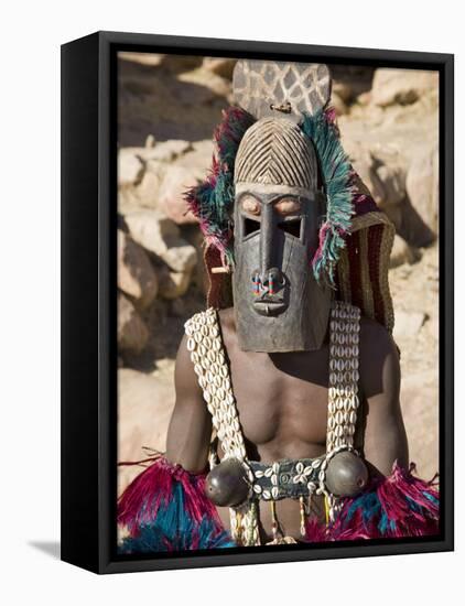Dogon Country, Tereli, A Masked Dancer Wearing Coconut Shell Breasts Performs at the Dogon Village-Nigel Pavitt-Framed Premier Image Canvas