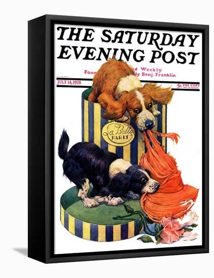 "Dogs Eating Hat," Saturday Evening Post Cover, July 14, 1928-Robert L. Dickey-Framed Premier Image Canvas