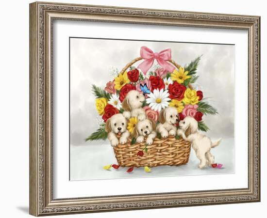 Dogs in Flower basket-MAKIKO-Framed Giclee Print