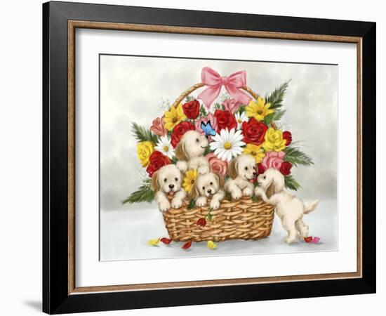 Dogs in Flower basket-MAKIKO-Framed Giclee Print