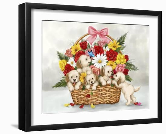 Dogs in Flower basket-MAKIKO-Framed Giclee Print