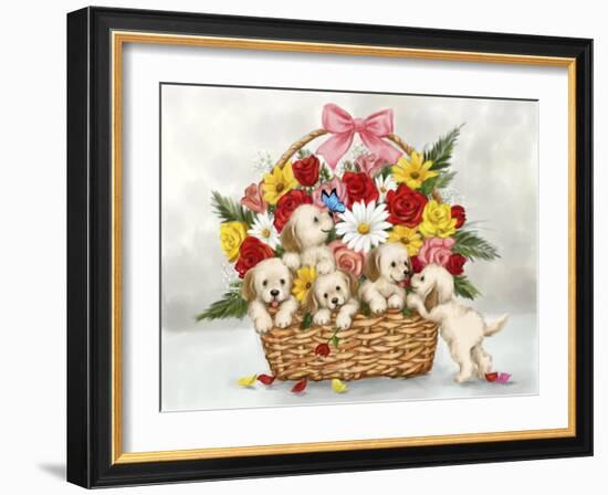 Dogs in Flower basket-MAKIKO-Framed Giclee Print