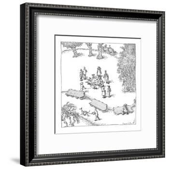 Dogs playing poker in the dog-walk, still tied to their leashes. - New Yorker Cartoon-John O'brien-Framed Premium Giclee Print