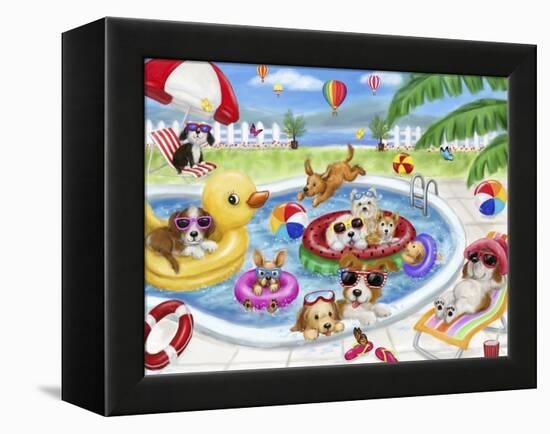 Dogs swimming pool-MAKIKO-Framed Premier Image Canvas