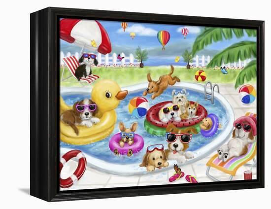 Dogs swimming pool-MAKIKO-Framed Premier Image Canvas