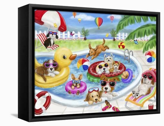 Dogs swimming pool-MAKIKO-Framed Premier Image Canvas