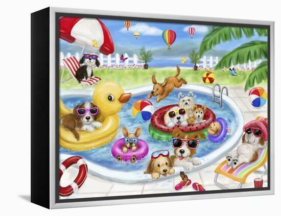 Dogs swimming pool-MAKIKO-Framed Premier Image Canvas