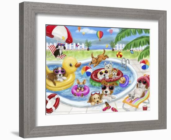 Dogs swimming pool-MAKIKO-Framed Giclee Print