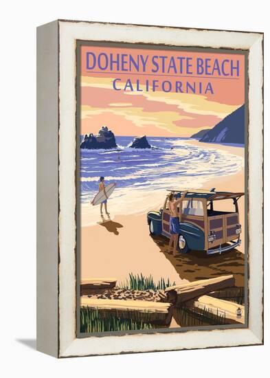 Doheny State Beach, California - Woody on Beach-Lantern Press-Framed Stretched Canvas