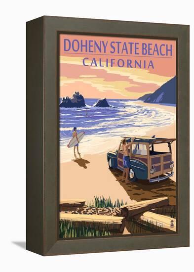 Doheny State Beach, California - Woody on Beach-Lantern Press-Framed Stretched Canvas