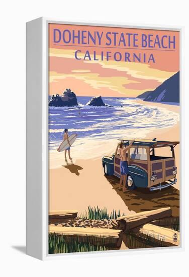 Doheny State Beach, California - Woody on Beach-Lantern Press-Framed Stretched Canvas