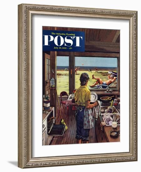 "Doing Dishes at the Beach" Saturday Evening Post Cover, July 19, 1952-Stevan Dohanos-Framed Giclee Print