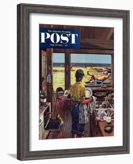 "Doing Dishes at the Beach" Saturday Evening Post Cover, July 19, 1952-Stevan Dohanos-Framed Giclee Print