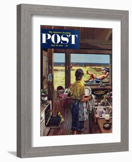 "Doing Dishes at the Beach" Saturday Evening Post Cover, July 19, 1952-Stevan Dohanos-Framed Giclee Print