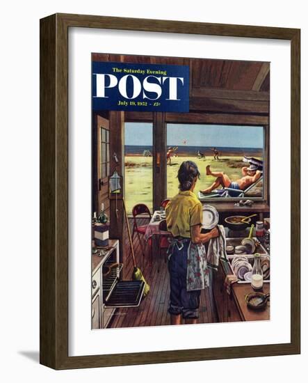 "Doing Dishes at the Beach" Saturday Evening Post Cover, July 19, 1952-Stevan Dohanos-Framed Giclee Print