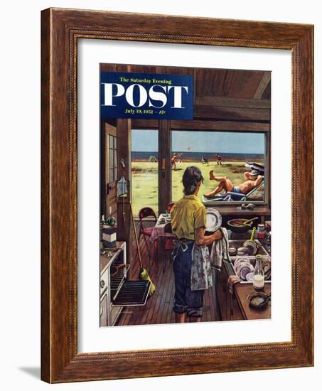 "Doing Dishes at the Beach" Saturday Evening Post Cover, July 19, 1952-Stevan Dohanos-Framed Giclee Print