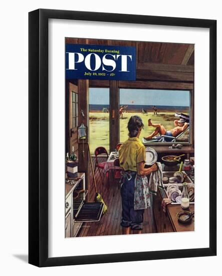 "Doing Dishes at the Beach" Saturday Evening Post Cover, July 19, 1952-Stevan Dohanos-Framed Giclee Print