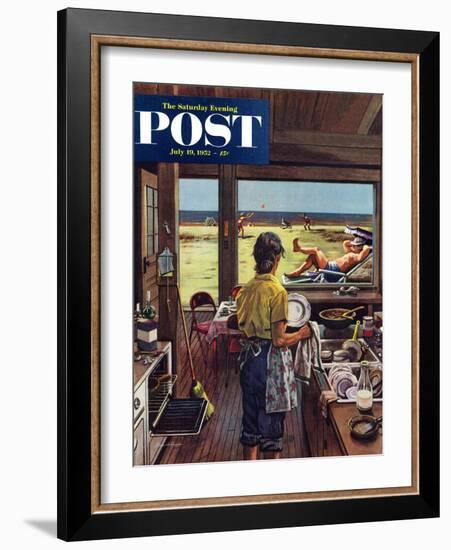 "Doing Dishes at the Beach" Saturday Evening Post Cover, July 19, 1952-Stevan Dohanos-Framed Giclee Print