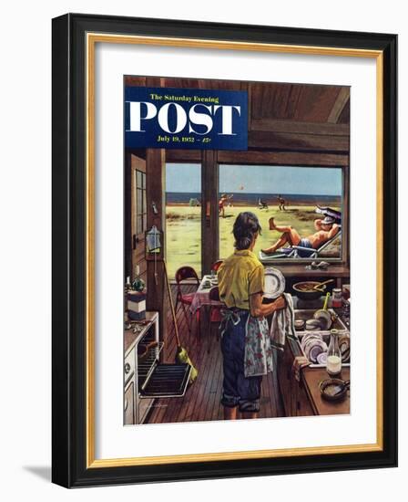 "Doing Dishes at the Beach" Saturday Evening Post Cover, July 19, 1952-Stevan Dohanos-Framed Giclee Print