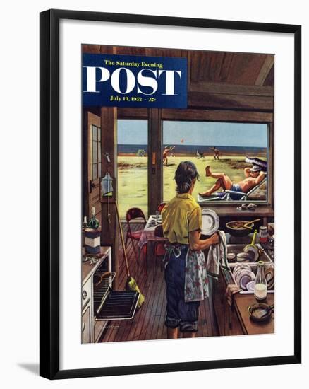"Doing Dishes at the Beach" Saturday Evening Post Cover, July 19, 1952-Stevan Dohanos-Framed Giclee Print