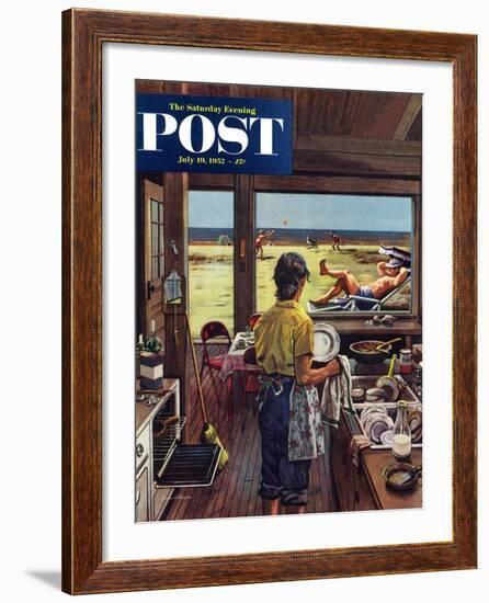 "Doing Dishes at the Beach" Saturday Evening Post Cover, July 19, 1952-Stevan Dohanos-Framed Giclee Print