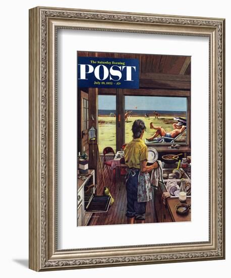 "Doing Dishes at the Beach" Saturday Evening Post Cover, July 19, 1952-Stevan Dohanos-Framed Giclee Print