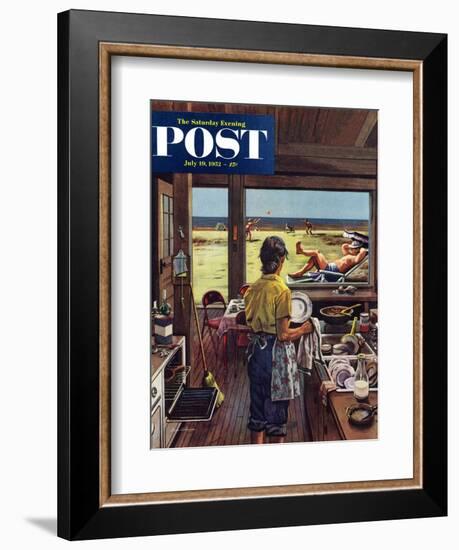 "Doing Dishes at the Beach" Saturday Evening Post Cover, July 19, 1952-Stevan Dohanos-Framed Giclee Print