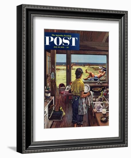 "Doing Dishes at the Beach" Saturday Evening Post Cover, July 19, 1952-Stevan Dohanos-Framed Giclee Print