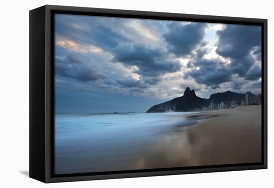 Dois Irmaos Peaks in the Distance on Ipanema Beach at Sunset-Alex Saberi-Framed Premier Image Canvas