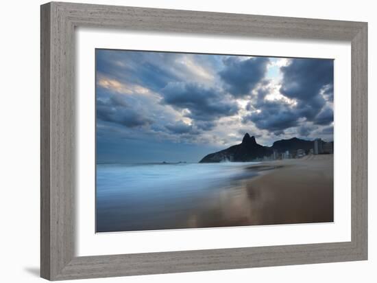 Dois Irmaos Peaks in the Distance on Ipanema Beach at Sunset-Alex Saberi-Framed Photographic Print