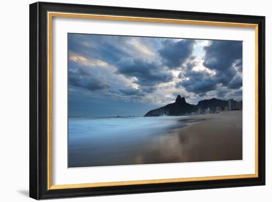 Dois Irmaos Peaks in the Distance on Ipanema Beach at Sunset-Alex Saberi-Framed Photographic Print