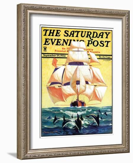 "Dolphins and Ship," Saturday Evening Post Cover, September 29, 1934-Gordon Grant-Framed Giclee Print