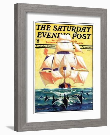 "Dolphins and Ship," Saturday Evening Post Cover, September 29, 1934-Gordon Grant-Framed Giclee Print