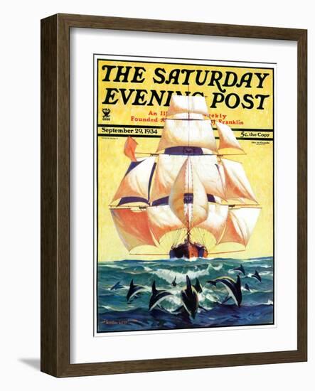 "Dolphins and Ship," Saturday Evening Post Cover, September 29, 1934-Gordon Grant-Framed Giclee Print