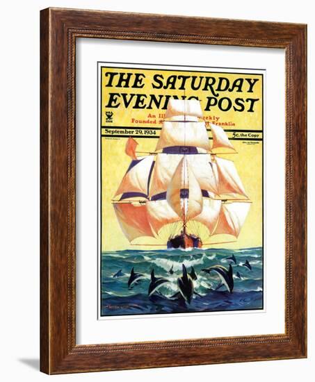 "Dolphins and Ship," Saturday Evening Post Cover, September 29, 1934-Gordon Grant-Framed Giclee Print