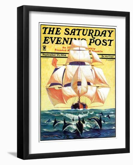 "Dolphins and Ship," Saturday Evening Post Cover, September 29, 1934-Gordon Grant-Framed Giclee Print